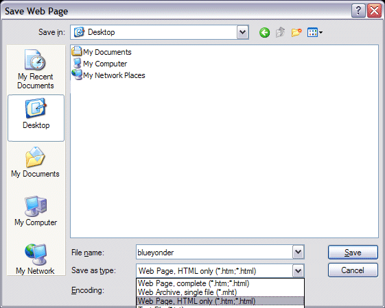 Screenshot of Internet Explorer v6 Save As dialog box, highlighting the Save As Type listbox.